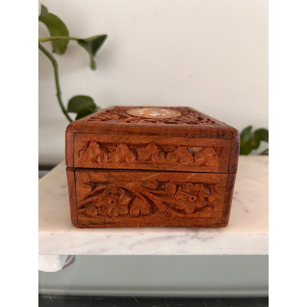 Vintage Hand Carved Floral Wood Jewelry Box Shell Inlay Blue Velvet Lined - Picture 6 of 16